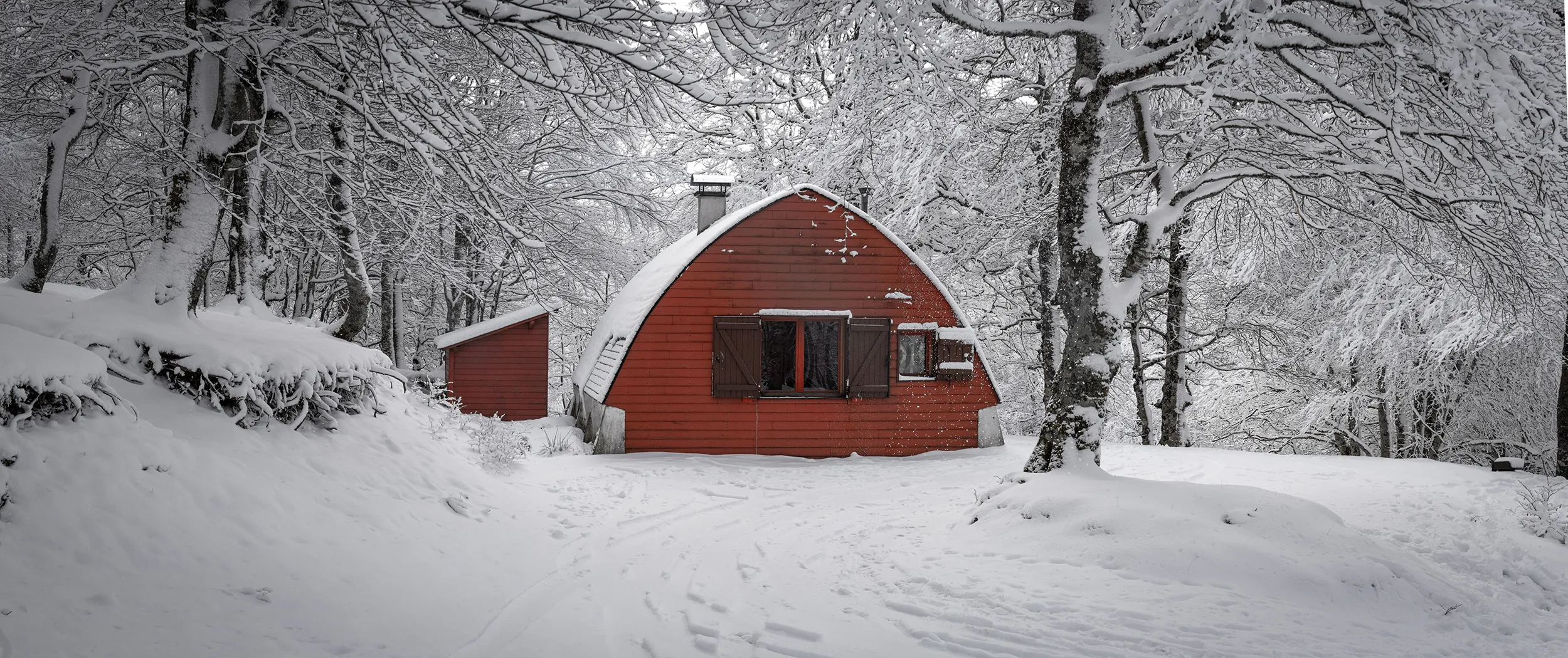 Un chalet rouge dans la forêt d'Iraty enneigée, entouré de hêtres couverts de neige
