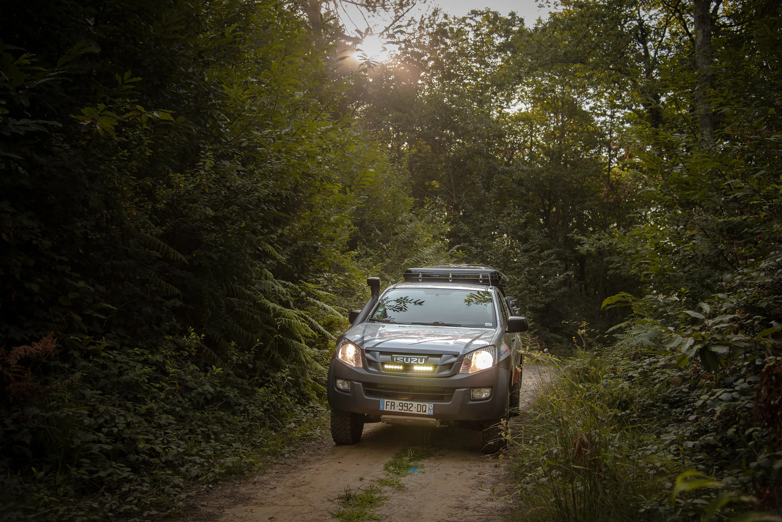 Pick-up phares allumés sur un chemin forestier