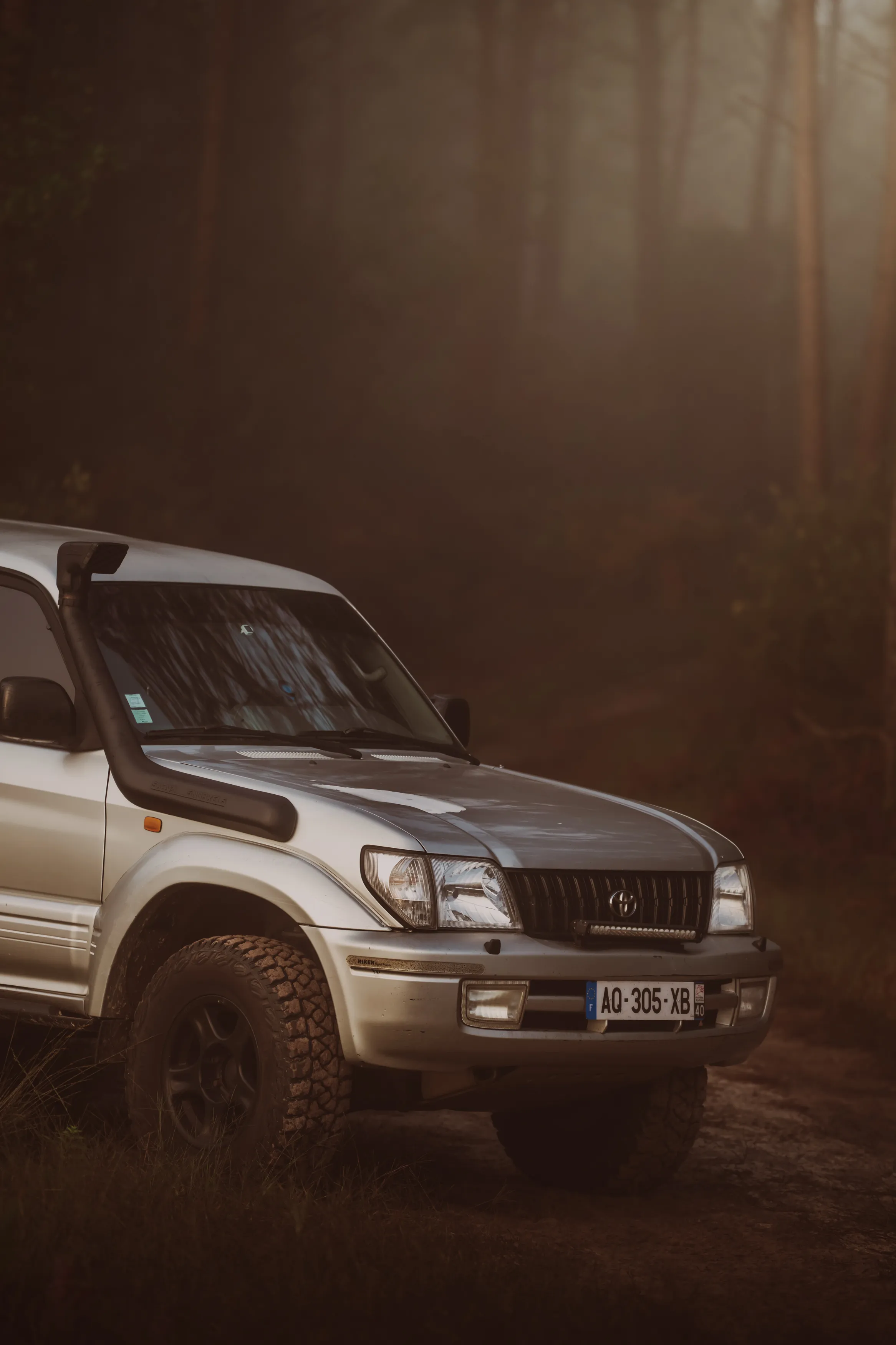 Toyota Land Cruiser KDJ95 équipé d'un snorkel dans une forêt brumeuse
