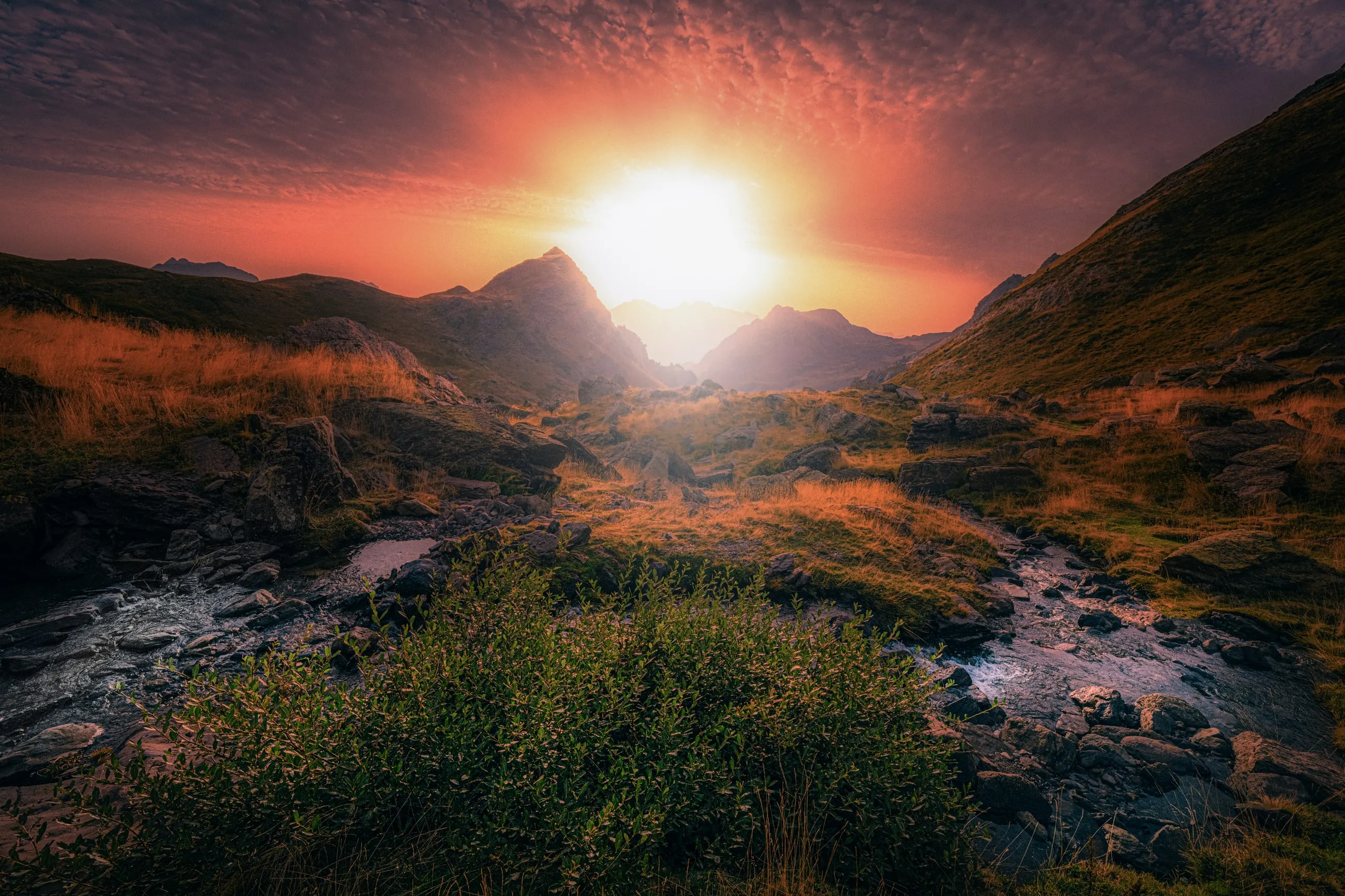 Vallée baignée par la lumière chaude du soleil couchant