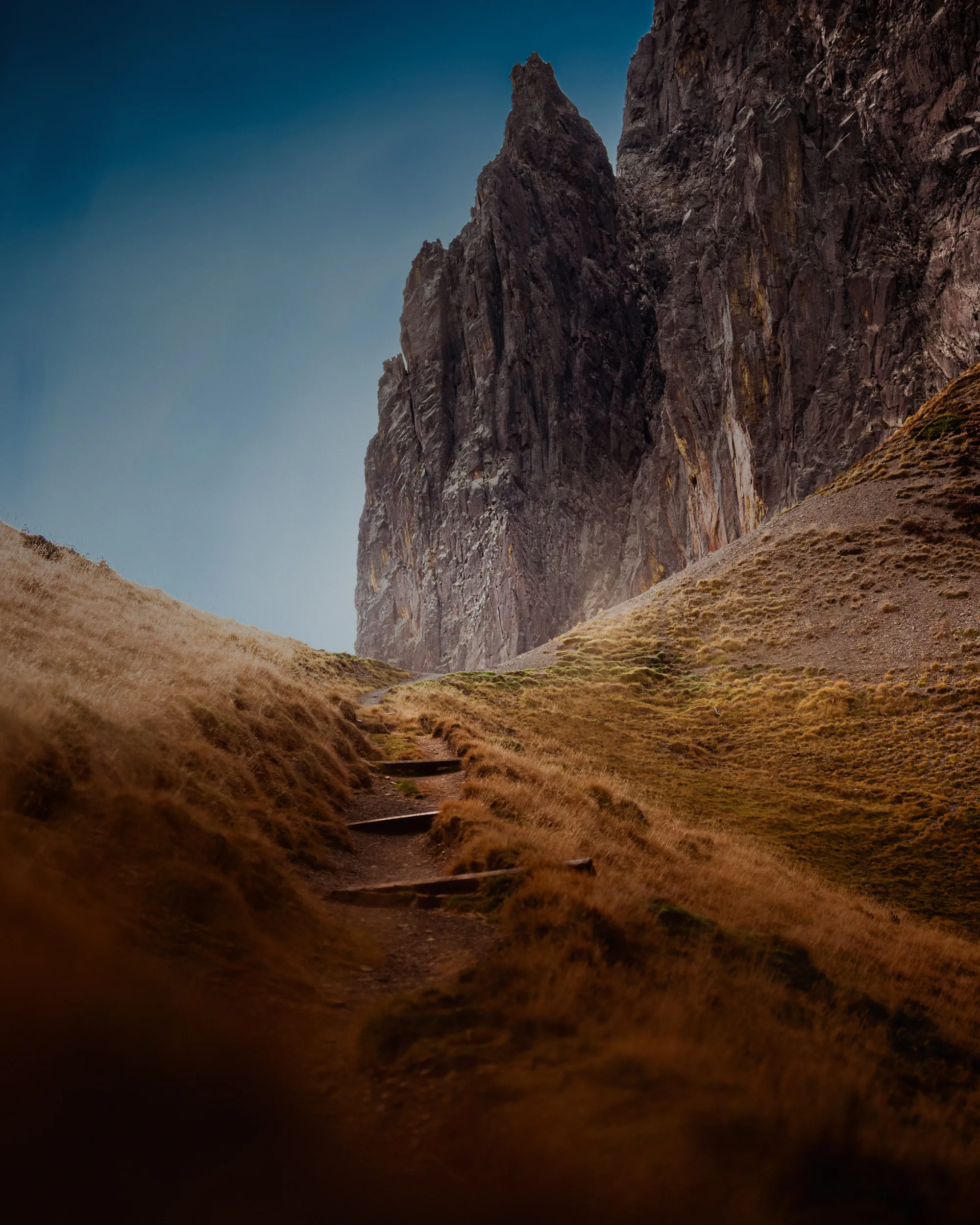 Un sentier aux marches de pierre monte entre les herbes dorées vers une haute muraille rocheuse, vallée d'Ossau